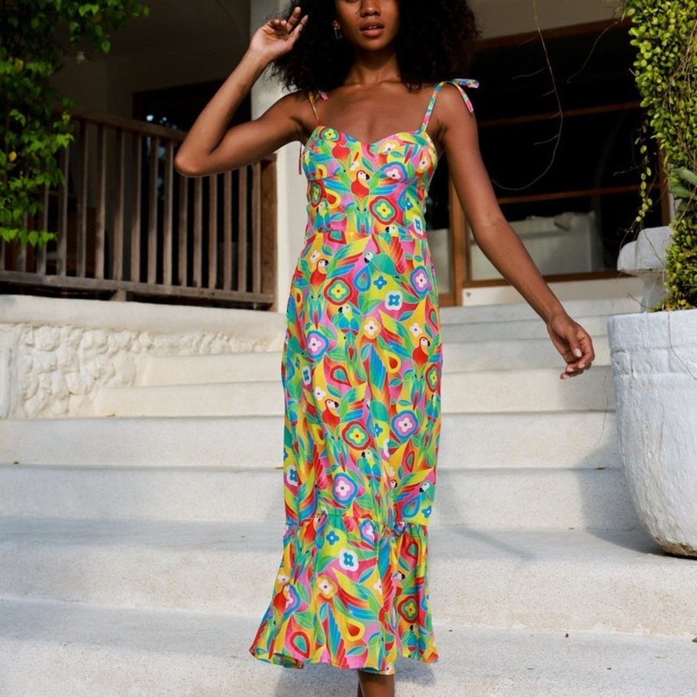 Kenny Flowers Dress Boho Caribbean Bird Print Silk Midi Sz S